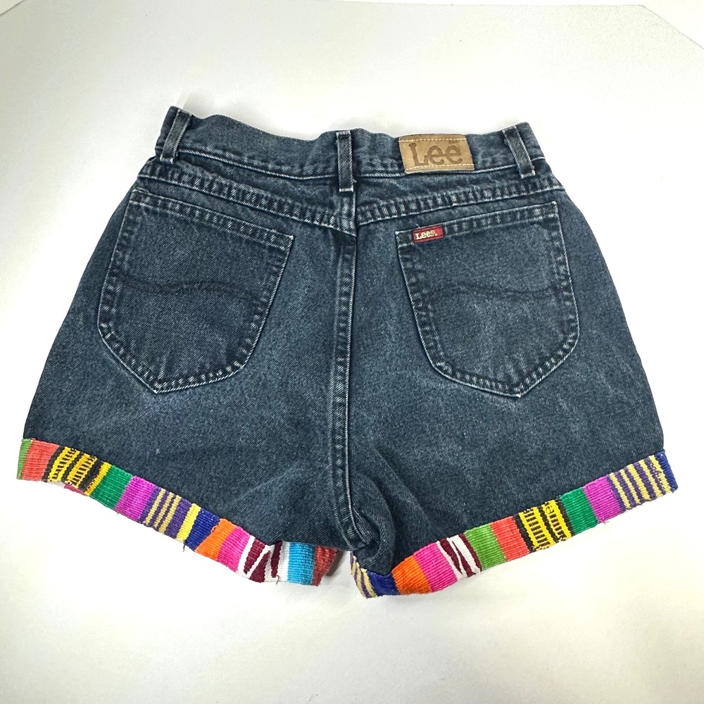 Vintage Lee Riders High Waisted Denim Cut Off Shorts Woven Trim Boho Made USA 11